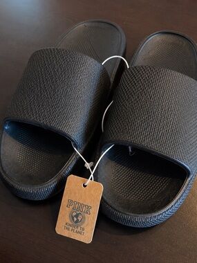 PINK Victoria's Secret Black Slide Sandals with Textured Strap